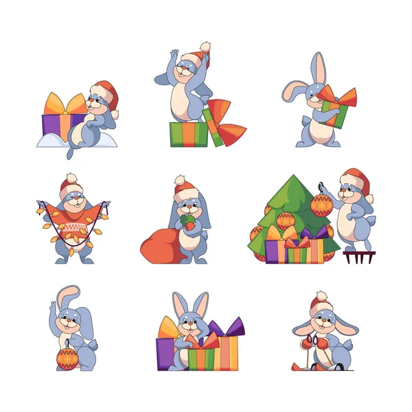 Conjunto Lindos Conejos Navidad Conejito Año Nuevo Dibujos Animados Divertidos — Archivo Imágenes Vectoriales