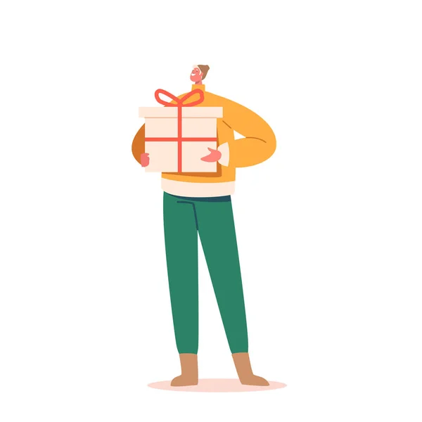 Рождество Новогодние Праздники Представляет Концепцию Happy Man Holding Big Gift — стоковый вектор