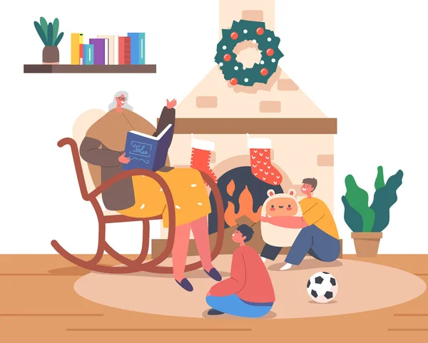 奶奶在壁炉附近的摇椅上给坐在摇椅上的孩子们读圣诞故事和童话 快乐的家庭角色圣诞前夕业余时间 神奇的节日之夜 卡通人物矢量图解 — 图库矢量图片