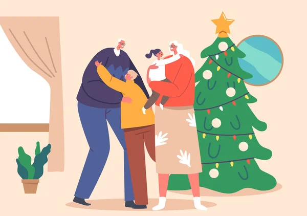 快乐的孩子们在家里拥抱祖父母 圣诞假期的家庭聚会 小孙子女的角色拜访爷爷和外婆家 卡通人物矢量图解 — 图库矢量图片