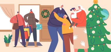 İnsanlar büyükanneyi ve büyükbabayı ziyaret ediyor. Mutlu Aile Karakterleri Büyükbabaları Ziyaret Ediyor. Anne, baba ve küçük çocuklar Noel tatili için geldiler. Çizgi film Vektör İllüstrasyonu