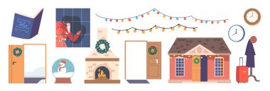 Set of Christmas Decor, Isolated Elements for Greeting Card, Invitation. New Year or Xmas Traditional Garland, Wreath, Fire Place, Decorated House and Door, Santa Claus at Window. Cartoon Vector Icons clipart