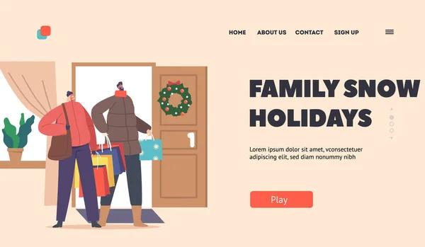 Familia Navidad Vacaciones Landing Page Template Pareja Feliz Con Bolsas — Vector de stock