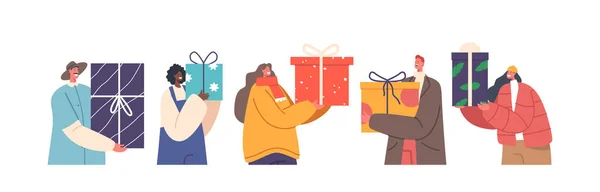 Szczęśliwi Ludzie Trzymając Pudełka Boże Narodzenie Nowy Rok Urodziny Lub — Wektor stockowy