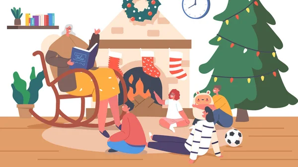 Dzieci Słuchaj Opowieści Bożego Narodzenia Babcia Siedzi Fotelu Przeczytaj Książkę — Wektor stockowy
