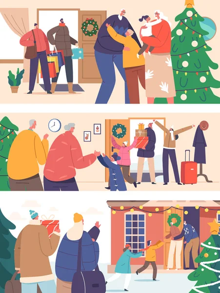 성탄절을 성격의 사람들 만남을 준비하 부모와 가집에 조부모를 방문한다 휴가철 — 스톡 벡터