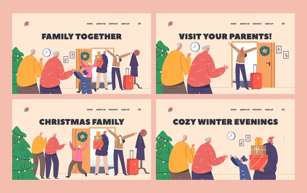 家庭圣诞登陆页面模板集 快乐性格的人在家里与祖父母见面 孩子们来到祖父母和祖父家度假 卡通矢量图解 — 图库矢量图片