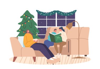 Mutlu Aile Karakterleri Ebeveynleri ve Çocuklar Noel arifesinde hikaye okuyor. Mutlu Anne ve Çocuklar Peri Masalı ve Noel Arifesi 'nin tadını çıkarıyor. Sıcak Kış Gecesi. Çizgi film İnsanları Vektör İllüstrasyonu