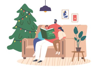 Mutlu Baba, Kız ve Oğul Aile Karakterleri Koç 'un üzerinde oturmuş peri masallarının ve Noel tatillerinin keyfini çıkarıyorlar. Ebeveynler ve Çocuklar Hikaye Okuyor. Çizgi film İnsanları Vektör İllüstrasyonu