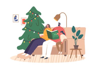 Mutlu Aile Karakterleri Aileleri ve Noel arifesinde masal okuyan çocuklar. Mutlu anne, baba ve çocuk koça oturmuş elinde Kitap Tadını Çıkartan Sihirli Masallar ile. Çizgi film İnsanları Vektör İllüstrasyonu