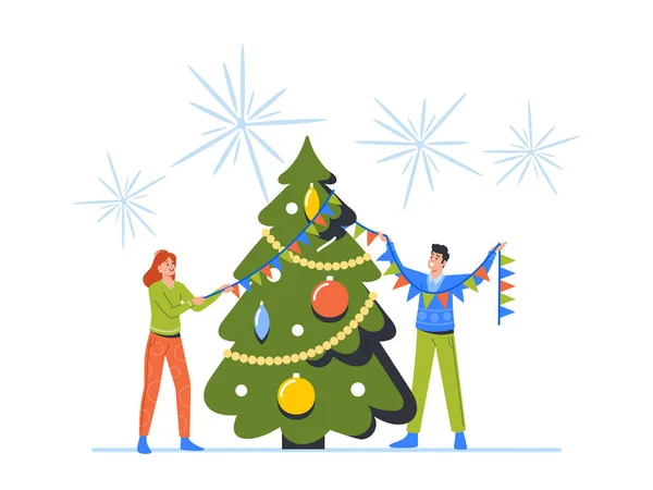Concepto Celebración Navideña Año Nuevo Gente Feliz Decora Árbol Juntos — Archivo Imágenes Vectoriales