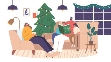 Mutlu Aile Karakterleri Aileleri ve Çocuklar Noel arifesinde hikaye okuyor. Anne, baba ve çocuklar Koç 'un üzerinde oturmuş birlikte tatilin tadını çıkarıyorlar. Çizgi film İnsanları Vektör İllüstrasyonu