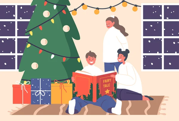 Glada Barn Som Läser Sagoberättelser Julafton Glada Pojkar Och Flickor — Stock vektor