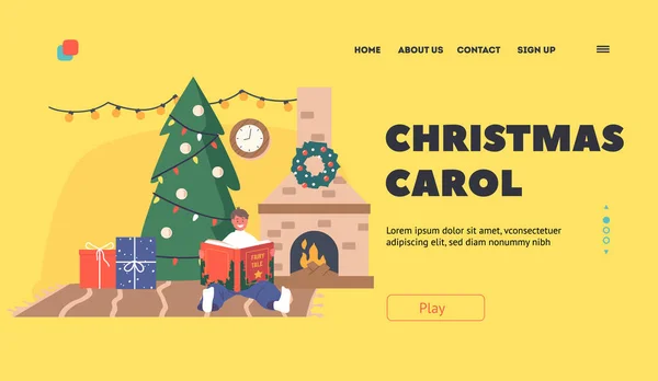 Christmas Carols Landing Page Template Happy Boy Charakter Sitzt Brennenden — Stockvektor