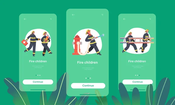 Mobile App Page Onboard Screen Template Children Fire Fighters Uniform — стоковий вектор