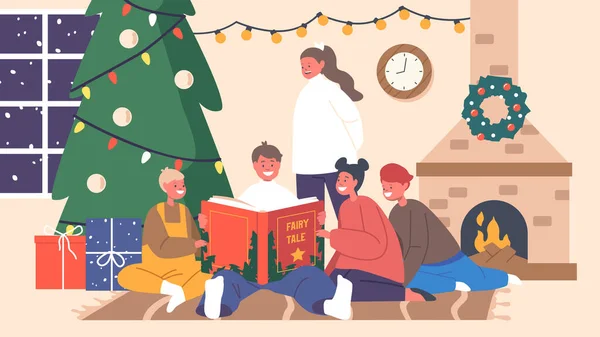 Noel Arifesinde Masal Okuyan Mutlu Çocuklar Mutlu Erkek Kız Karakterleri — Stok Vektör