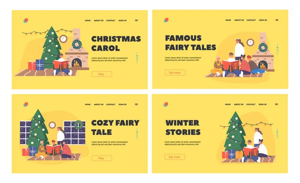 Christmas Fairy Tales Landing Page Template Set Happy Kids Reading — Stockový vektor
