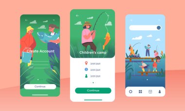 Çocuk Kampı Mobil Uygulama Sayfası Ekran Şablonu. Çocuk Balıkçılar Gölette Eğleniyor, Küçük Erkekler ve Kızlar Rıhtımda Çubuklarla Balıkçılık Yapıyor. Yaz Hobi Konsepti Karakterleri. Çizgi film İnsanları Vektör İllüstrasyonu