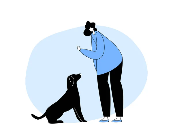 幸せな女性の所有者公園で犬を遊んだり訓練したり 女性のキャラクターは ペット 人間と動物の関係漫画ベクトルイラストで国内動物 ライフスタイル レジャーで時間を過ごす — ストックベクタ