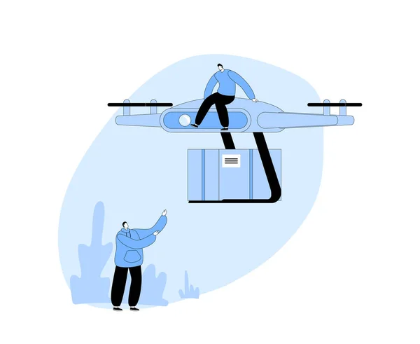 Piccolo Personaggio Maschile Seduto Sul Drone Che Consegna Pacchi Box — Vettoriale Stock