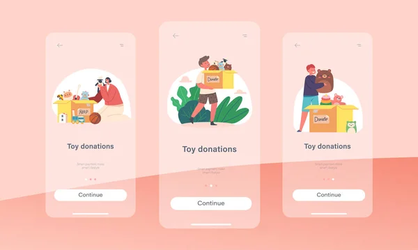 Gioco Donazione Mobile App Page Schermo Bordo Template Personaggi Volontari — Vettoriale Stock