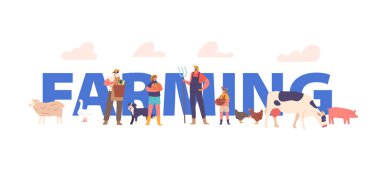 Çiftlik Konsepti, Erkek ve Kadın Çiftçi Karakterleri Toplama, Çiftlikteki Sığırların Bakımı. Çiftlik, Çiftlik ya da Köy Posteri, Bayrak ya da Flyer 'daki Tarım İşçileri. Çizgi film Vektör İllüstrasyonu