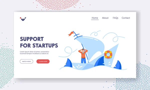 Startup Landing Page Sablon Támogatása Üzletember Hajóroncs Papírhajón Karakter Fuldoklik — Stock Vector