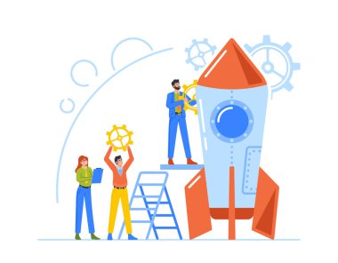Yaratıcı Ekip Roket Fırlatma, Dev Gear 'lı İş Adamları Uzay Gemisini Kalkışa Hazırlayın, İş Projesi Başlıyor. Fikir, Plan, Strateji Başarılı Gerçekleşme. Çizgi film Vektör İllüstrasyonu