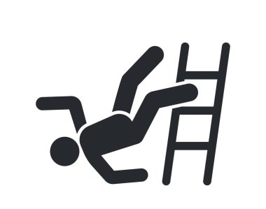 Kaygan Merdiven Uyarısı. Stickman figürü merdivenlerden düşüyor. İş Güvenliği ve Yaralı Önlem Sembolü, Beyaz Arkaplan 'da İzole Edilmiş Kişinin Merdivenden Düşüşü. Vektör İllüstrasyonu