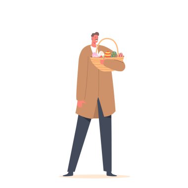 Paskalya Bayramı kutlamaları için süslenmiş yumurta ve beyaz arka planda izole edilmiş yumurta avıyla Yetişkin Adam Hasır Sepeti tutuyor. Erkek Karakter, hadise için hazırlanın. Çizgi film İnsanları Vektör İllüstrasyonu