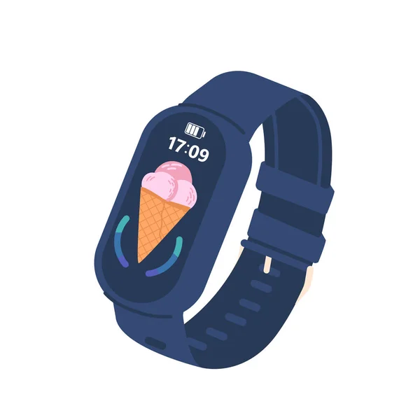 采购产品健身跟踪器与冰淇淋 时间和电池充电在显示屏上 智能手表装置在蓝色硅胶手镯上 孤立无援的智能现代电子元器件 卡通矢量图解 — 图库矢量图片