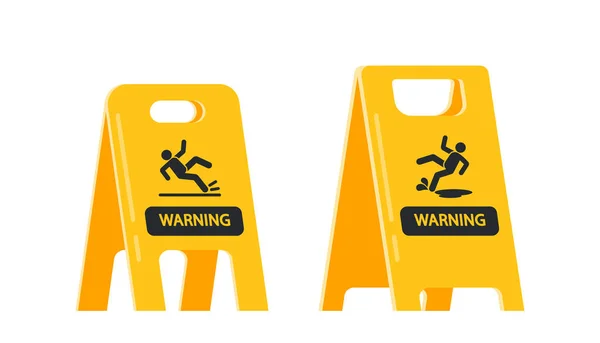 Gelbe Tafeln Mit Nassboden Warnung Schwarze Silhouetten Auf Plastik Schildern — Stockvektor