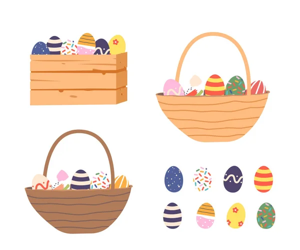 一套复活节彩蛋 木制盒子中色彩艳丽的鸡蛋或巧克力蛋和白色背景的柳条筐 春假装饰元素 卡通矢量图解 — 图库矢量图片