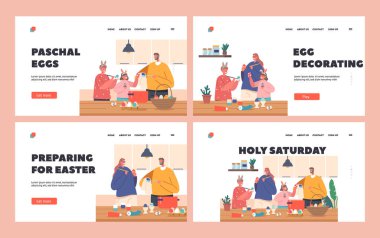 Paskalya Kutlaması İniş Şablonu için Mutlu Aile Hazırlıkları. Ebeveynler ve çocuklar tavşan kulaklı yumurta boyar. İnsanlar tatillerini birlikte geçirirler. Çizgi film Vektör İllüstrasyonu