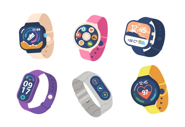 Set Smartwatch Moderni Gadget Elettronici Monitoraggio Dei Parametri Sanitari Fitness — Vettoriale Stock