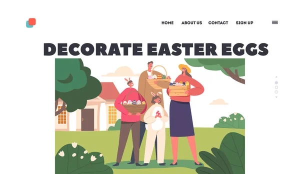Happy Family Prepare Easter Landing Page Template Inglés Papá Mamá — Archivo Imágenes Vectoriales