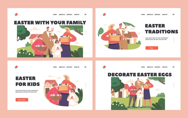 Happy Family Prepare Easter Holidays Landing Page Template Set Parents — Stock Vector
