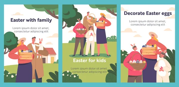 Happy Family Prepare Easter Celebration Cartoon Banners Inglés Los Padres — Vector de stock