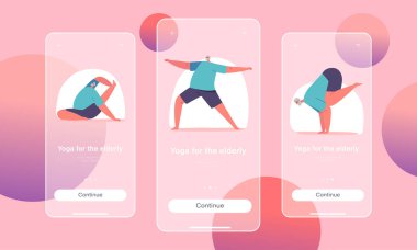Yaşlı Mobil Uygulama Sayfası Ekran Şablonu için Yoga. Asana Poz Veren Yaşlı Adam. Erkek Karakteri Sağlıklı Yaşam Tarzı, Rahatlama, Meditasyon Konsepti. Çizgi film İnsanları Vektör İllüstrasyonu