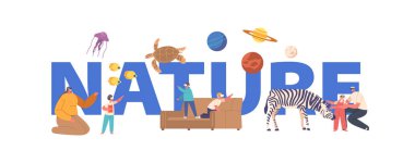 Sanal Doğa Kavramı. Karakterler Sanal Sanal Sanal Alan, Hayvanları Öğrenme, Flora, Fauna ve Kozmos 'a Güçlendirilmiş Gerçeklik Posteri, Afişi, Sanal Alan ya da Flyer' da Vr Gözlüğü takarlar. Çizgi film Vektör İllüstrasyonu