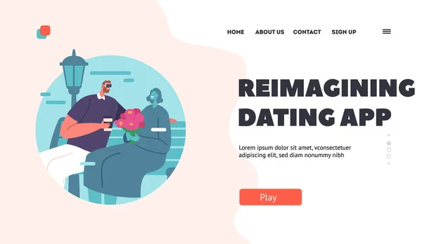 Innovatieve Dating App Landing Page Template Jong Stel Goggles Zittend — Stockvector