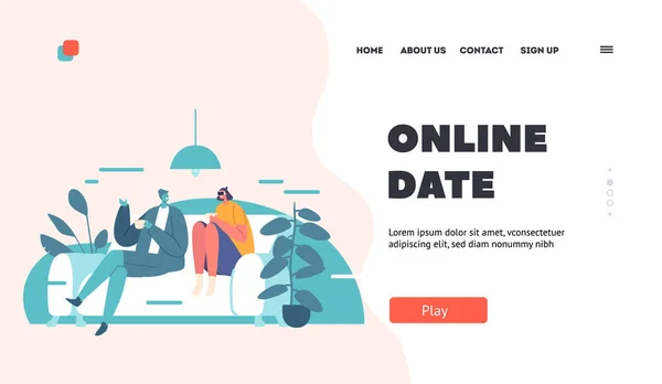 Online Date Landing Page Template Love Flirting Virtual Reality Cyberspace — стоковий вектор