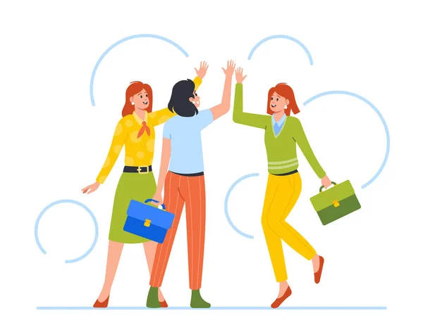 Joyeux Personnages Féminins Donnant High Five Business Team Successful Deal — Image vectorielle