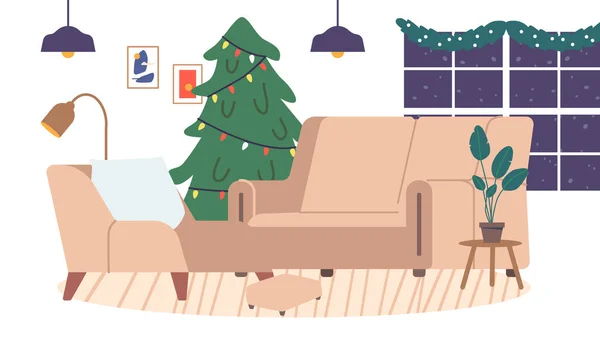 Intérieur Maison Noël Avec Pin Décoré Canapé Confortable Lampes Suspendues — Image vectorielle