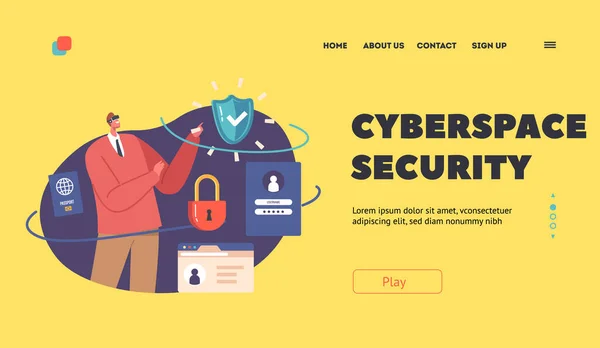 Cyberspace Security Landing Page Template Inglês Man Goggles Use Painel — Vetor de Stock