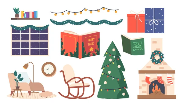 Set Von Weihnachtssymbolen Kamin Mit Dekorativem Kranz Und Socken Girlanden — Stockvektor