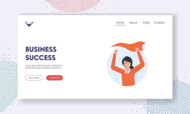 İş Başarı İniş Şablonu. Neşeli İş Kadını Eller Yukarı ve Bayrak İle Neşeleniyor. Başarılı Anlaşma, Kazanan, Mutlu Kişilerle Zafer Kutlaması Konsepti. Çizgi film İnsanları Vektör İllüstrasyonu