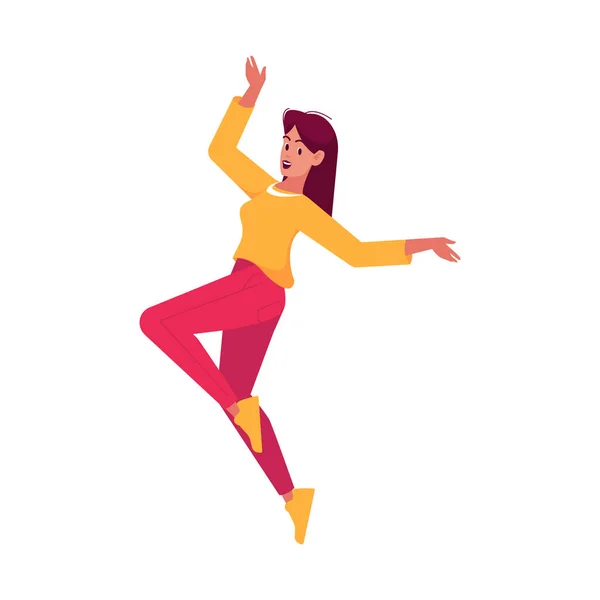 快乐积极的女人在白色背景下感到快乐跳跃和欢笑 时尚服装中的女性角色在空气中跳跃 有趣的情感概念 卡通人物矢量图解 — 图库矢量图片