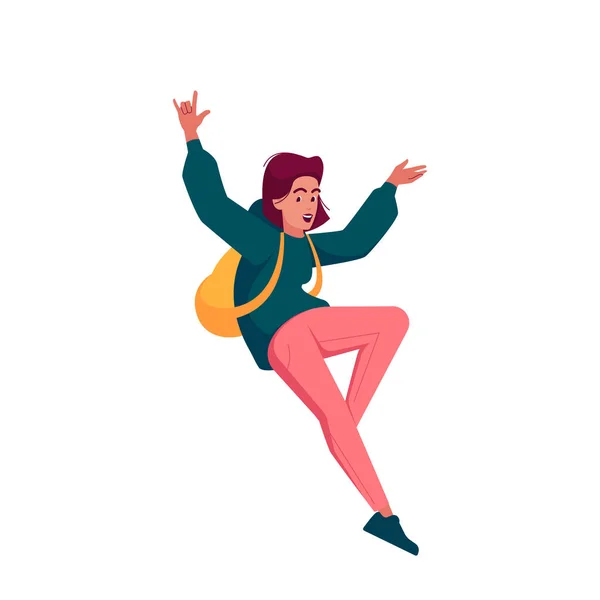 Счастливая Здоровая Женщина Прыгает Смеется Изолированные Белом Фоне Характер Девочки — стоковый вектор