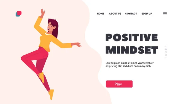Positive Mindset Landing Page Template Happy Woman Feel Happiness Jumping — Stock Vector